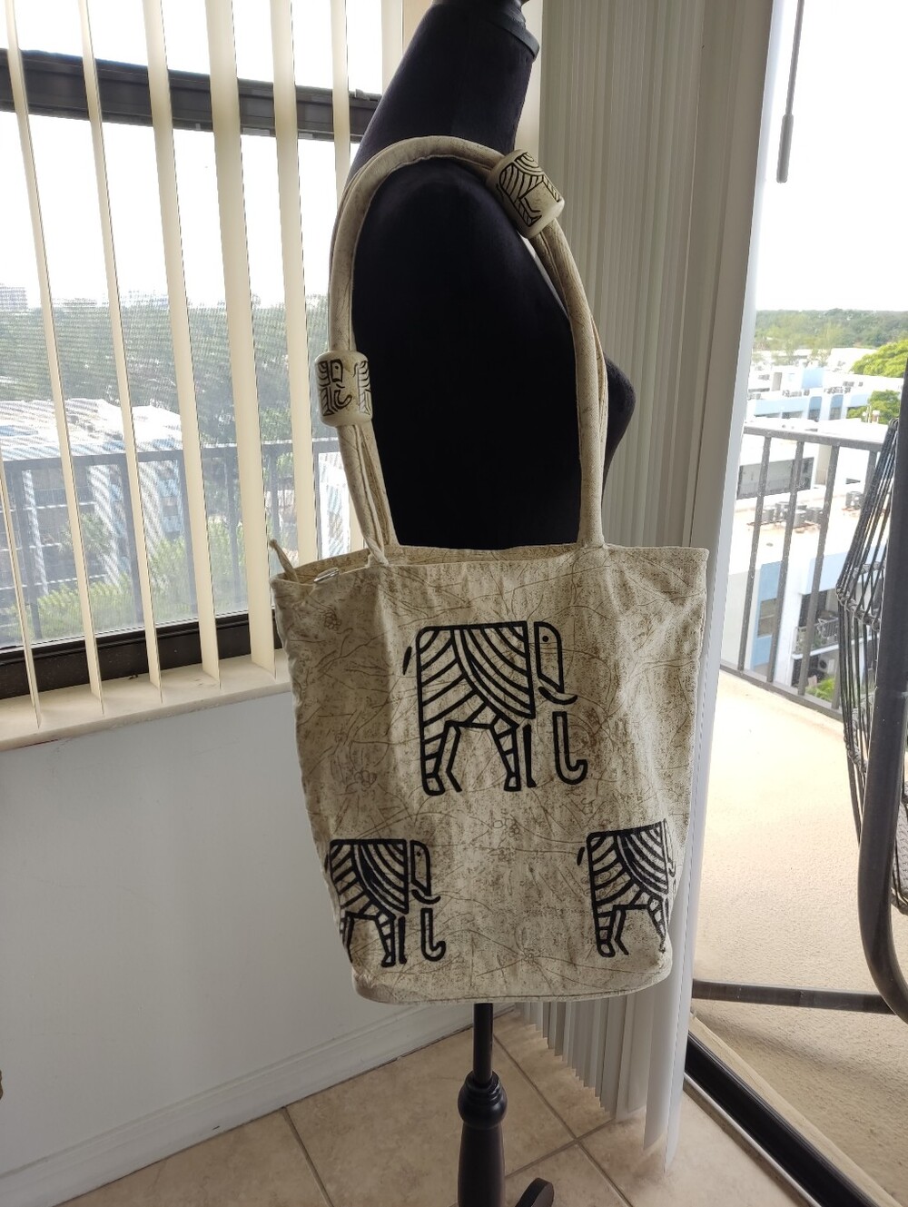 Vintage Ethnic Elephant Canvas Tote Bag Batik Print Bead Accent Shoulder Bag